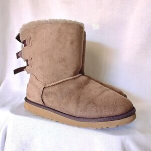 UGG Bailey Bow Genuine Shearling Boot Dusty Purple Brown 5 Satin Mid Short